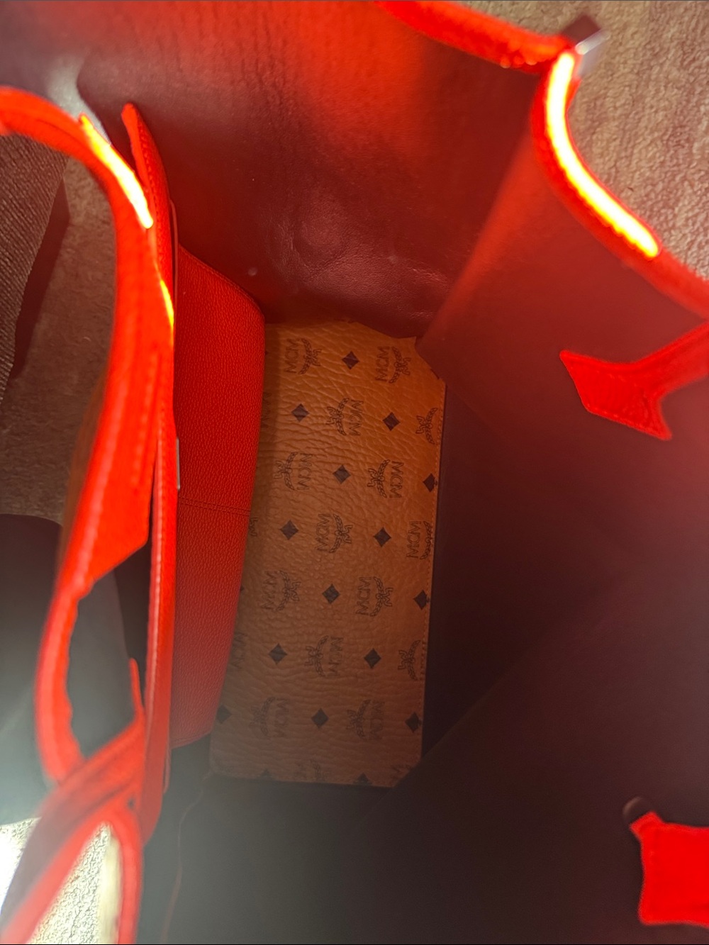 MCM Cognac Visetos Tote with Bright Red Trim and Pouch - Picture 10 of 11